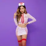 Tenue d'Halloween d'infirmière sexy, vente en gros, avec haut en maille, ensemble de modèles d'exposition