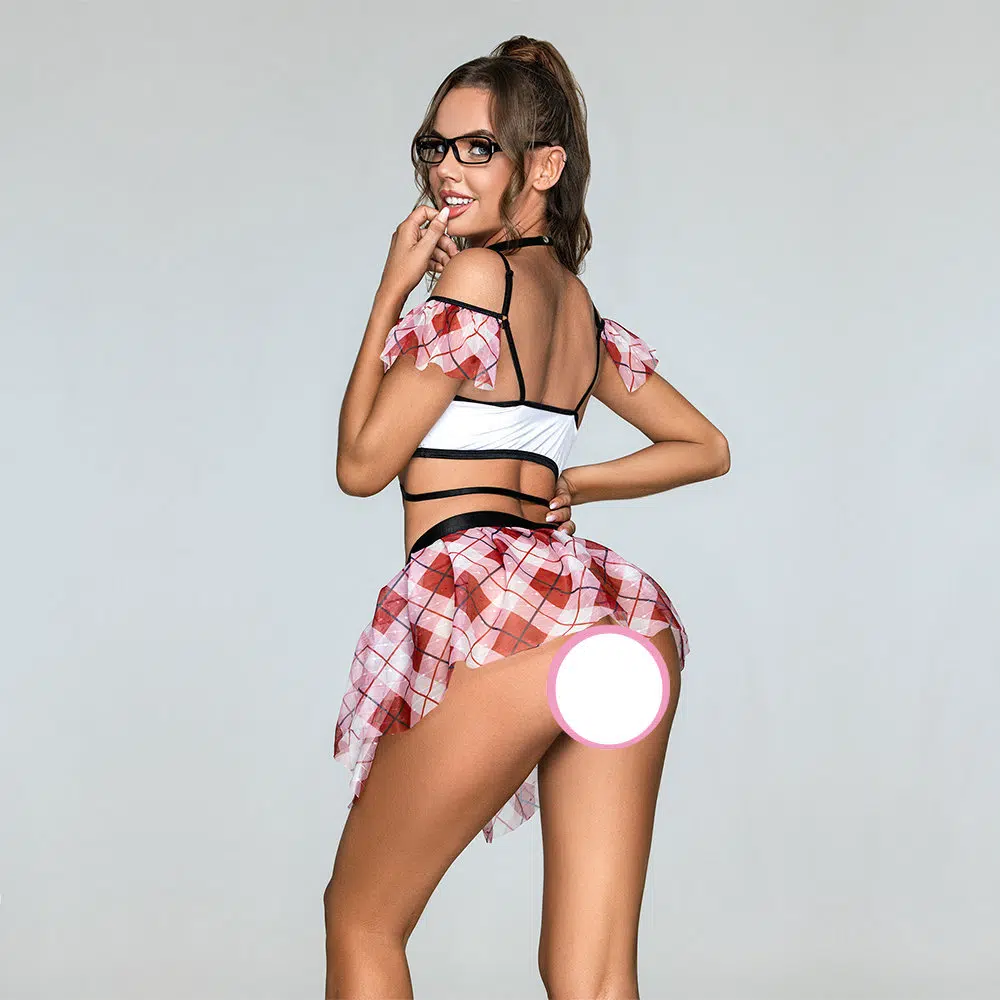 Conjunto de fantasia de estudante por atacado com malha xadrez com babados nas costas