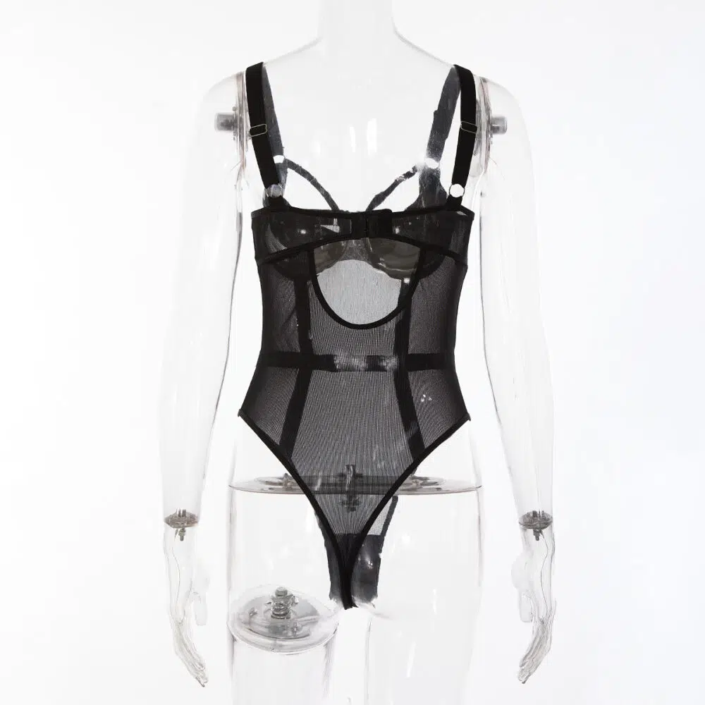 Wholesale Black Bodysuit with See-Through Mesh and Backless Design Back View