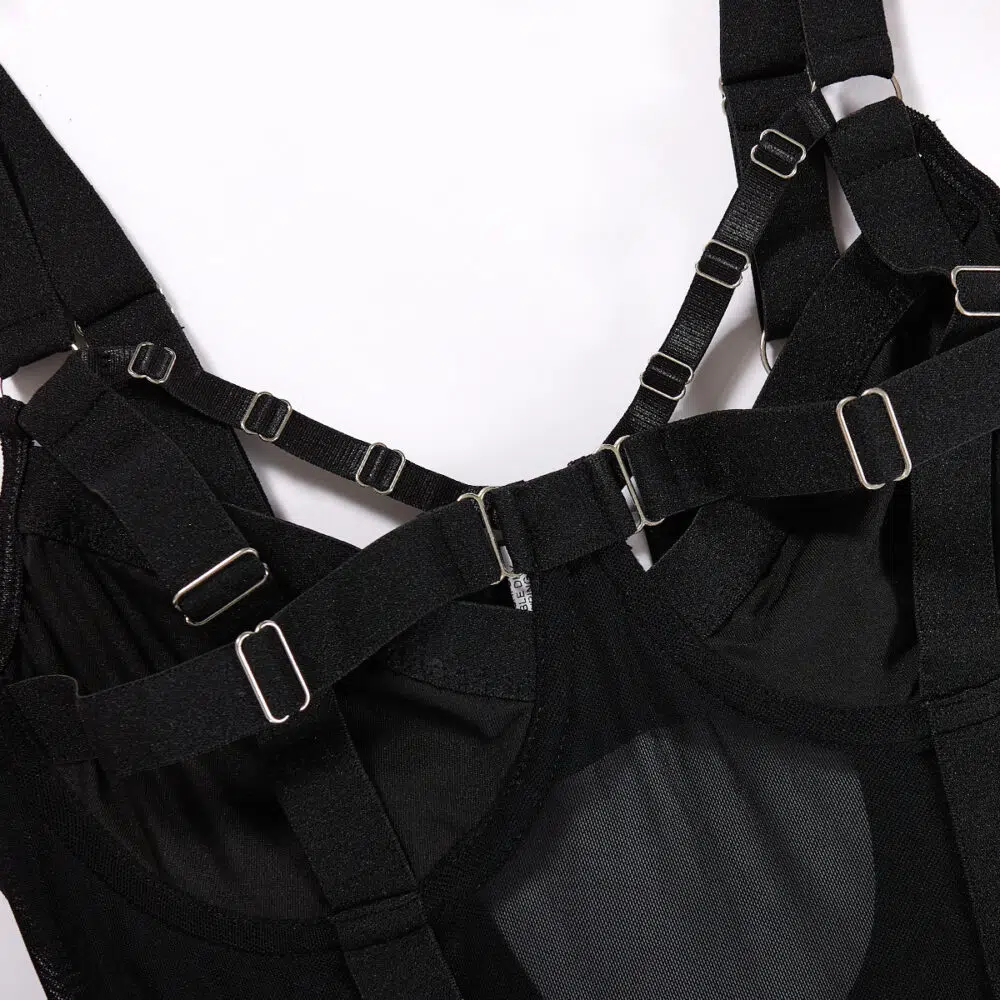 Wholesale Black Bodysuit with See-Through Mesh and Backless Design Bra Details