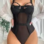 Wholesale Black Bodysuit with See-Through Mesh and Backless Design Front Model Show