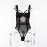 Wholesale Black Bodysuit with See-Through Mesh and Backless Design Front View