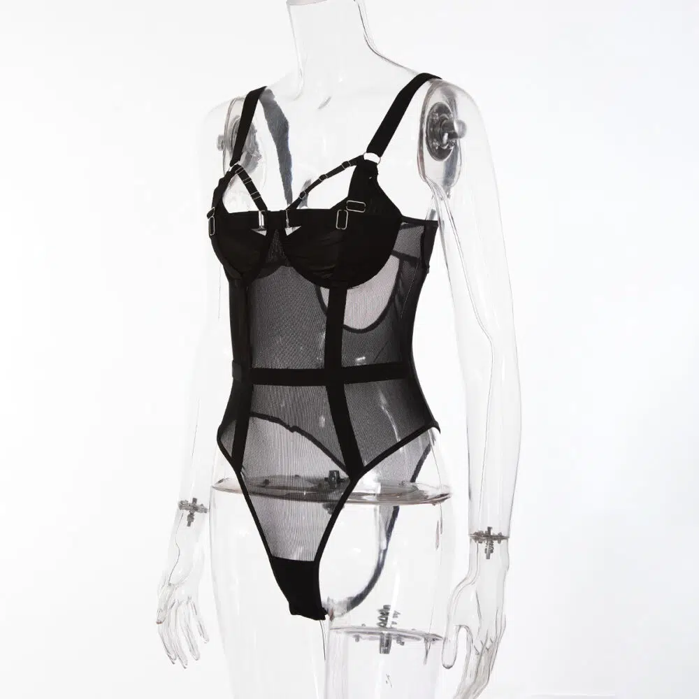 Wholesale Black Bodysuit with See-Through Mesh and Backless Design Side View