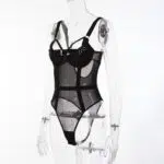 Wholesale Black Bodysuit with See-Through Mesh and Backless Design Side View