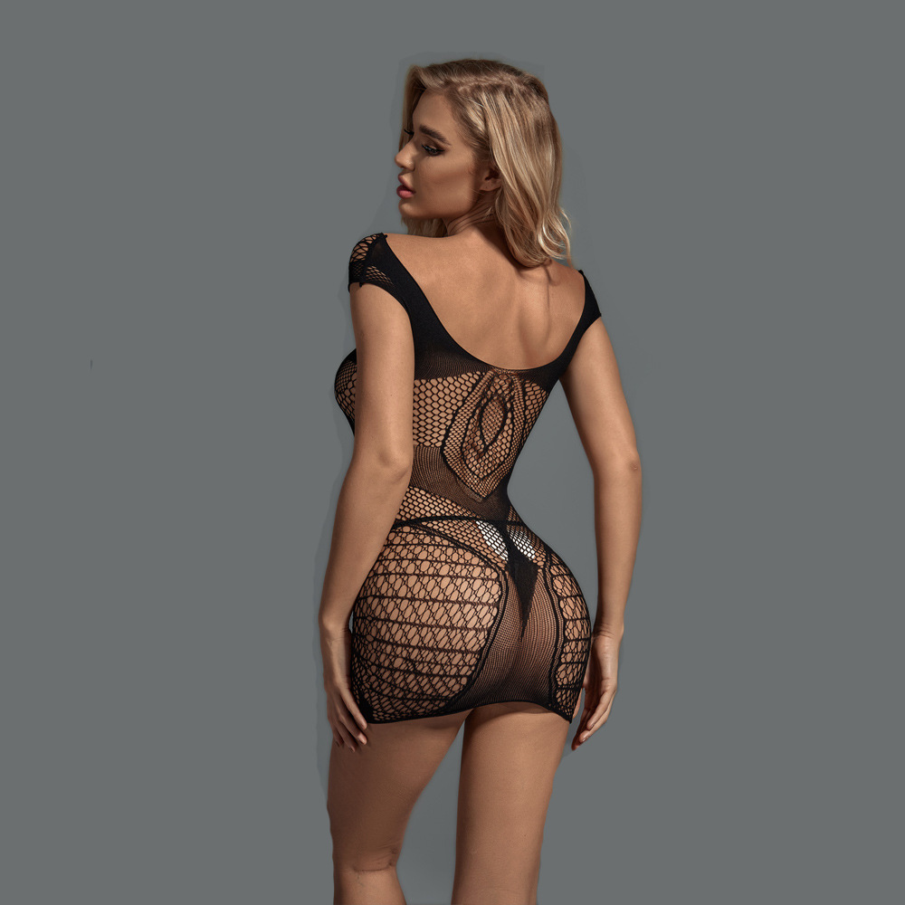 Wholesale Off-the-Shoulder Bodystocking Dress with Sexy Hollow Design Back Show Vestido bodystocking fora do ombro por atacado com design sexy oco nas costas