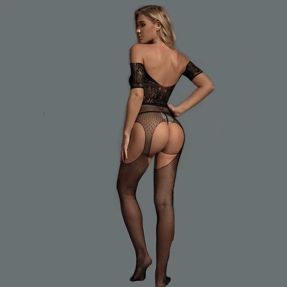 Bodystocking com suspensório de um ombro no atacado e show de modelo nas costas em jacquard