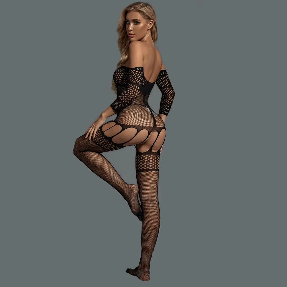 Wholesale Sheer Bodystocking with Off-the-Shoulder Design Back Show Wholesale Sheer Bodystocking with Off-the-Shoulder Design Back Show
