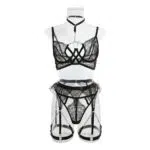 Grossistförsäljning av svart stilig spetsbralett och trosor med grimma framifrån