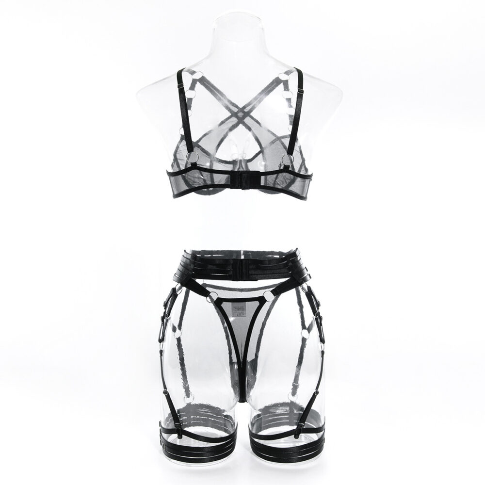 Wholesale Black Modern Bra and Panties Set with Garter Back View