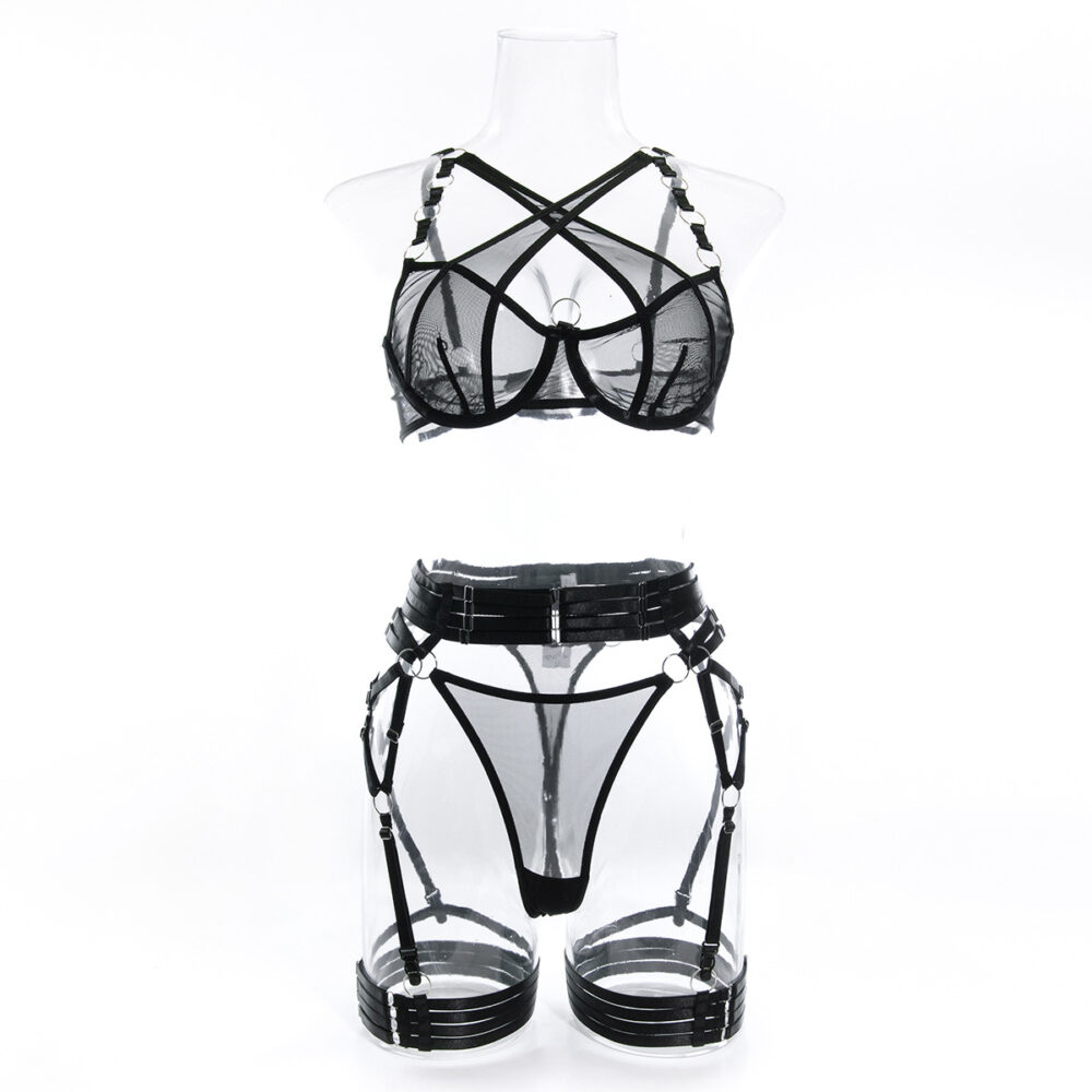 Wholesale Black Modern Bra and Panties Set with Garter Front View