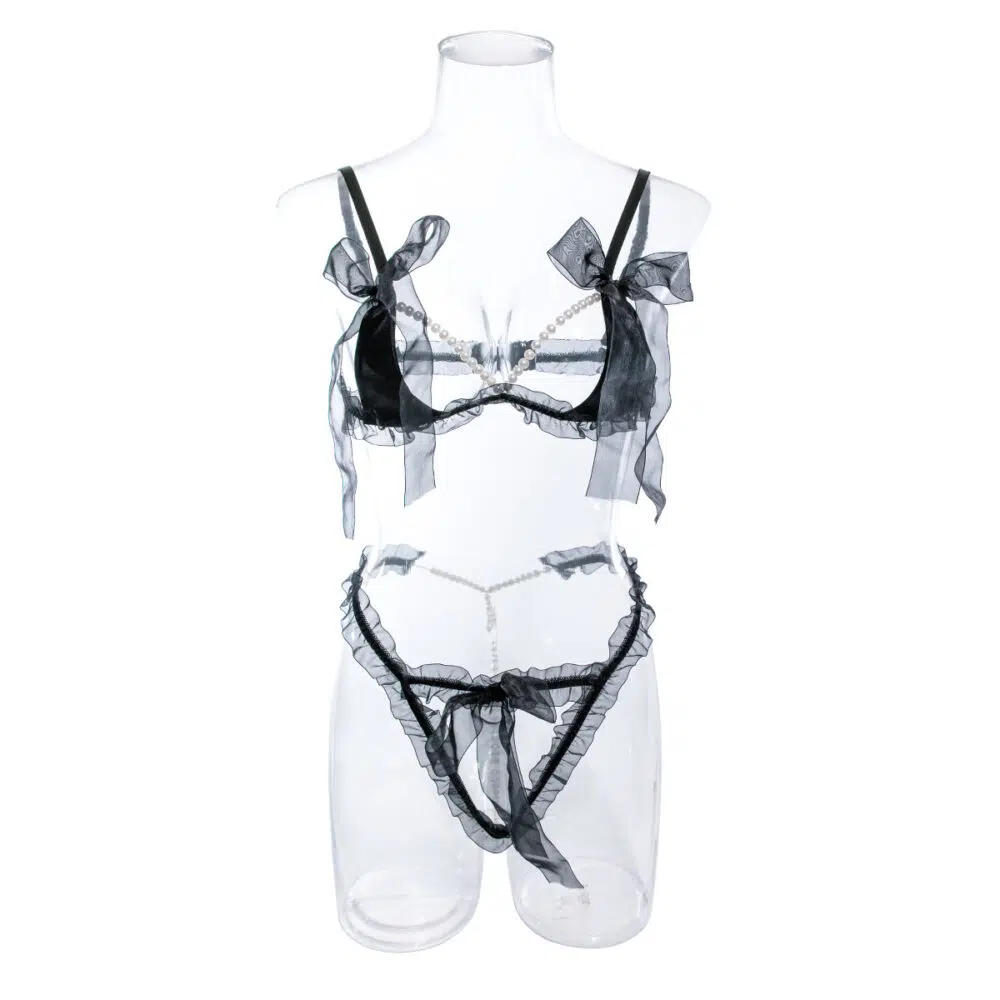 Wholesale Black Pearl Bra and Underwear Set in Tulle Front View Wholesale Black Pearl Bra and Underwear Set in Tulle Front View