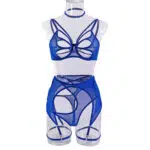 Ensemble soutien-gorge et culotte en filet sexy bleu, vente en gros, avec motif papillon, vue de face