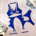 Ensemble soutien-gorge et culotte en filet sexy bleu, vente en gros, avec motif papillon, vue de dessus