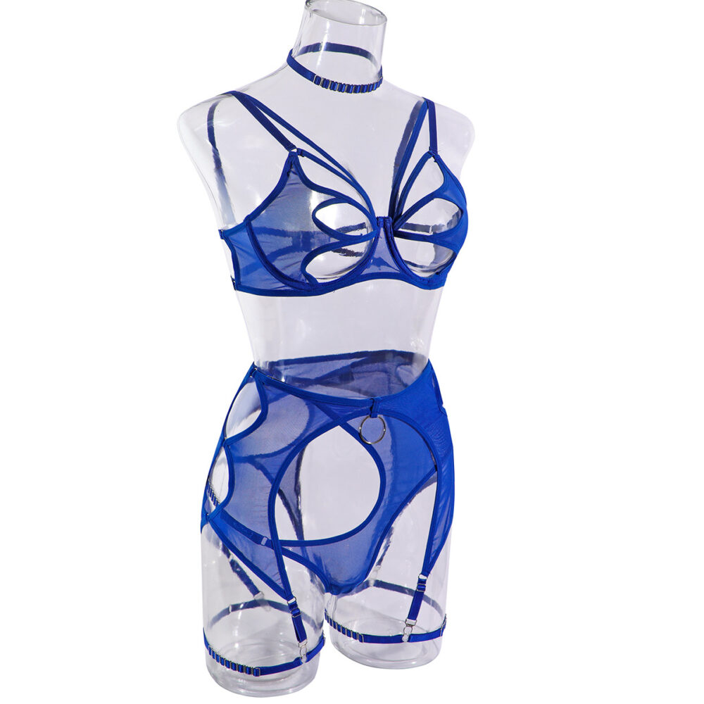 Engros blå sexet net-bh og trussesæt med sommerfugledesign fra siden