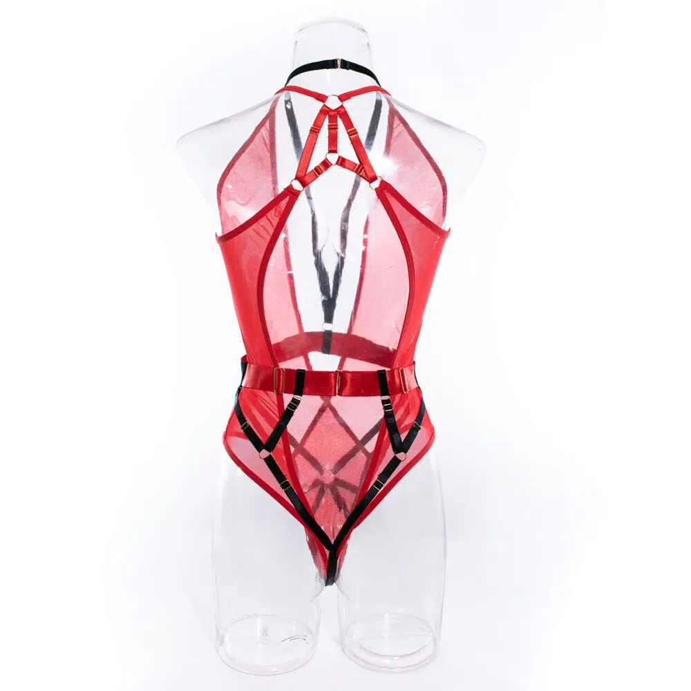 Vente en gros Body à col en V profond avec dos dégagé en maille rouge Vue de dos