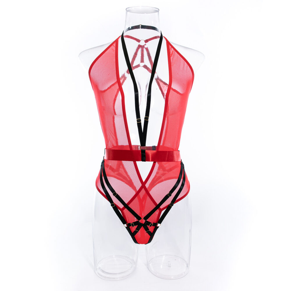 Wholesale Deep V Neck Bodysuit with Scoop Back in Red Mesh Front View Großhandels-Body mit tiefem V-Ausschnitt und U-Ausschnitt hinten in roter Mesh-Vorderansicht