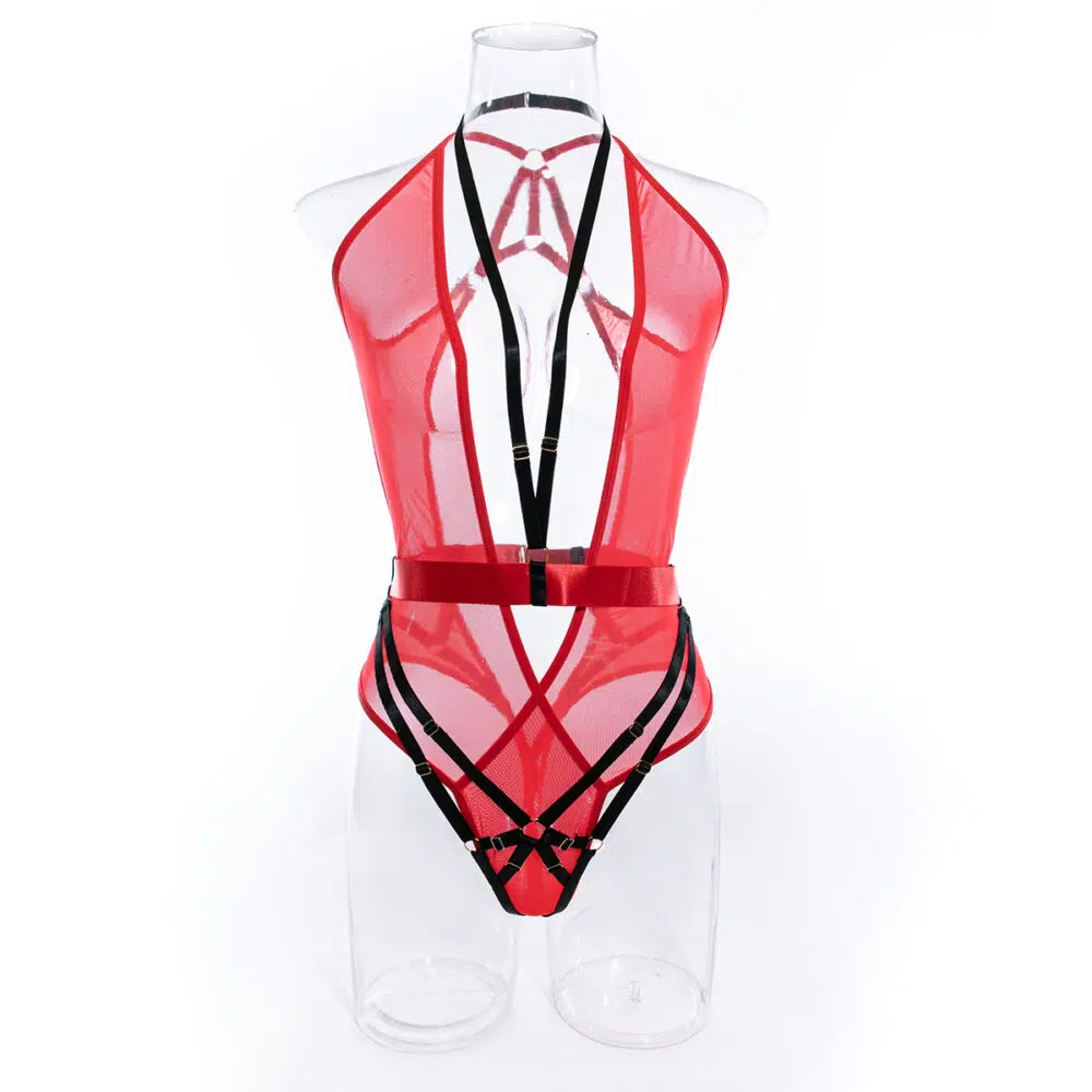 Vente en gros Body à col en V profond avec dos dégagé en maille rouge Vue de face