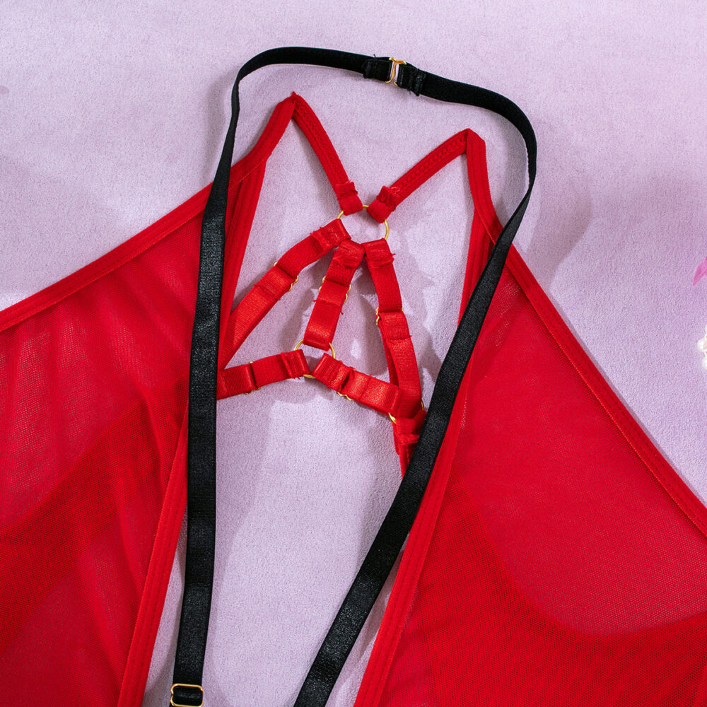 Wholesale Deep V Neck Bodysuit with Scoop Back in Red Mesh Harter Details Großhandels-Body mit tiefem V-Ausschnitt und U-Ausschnitt hinten in rotem Mesh mit harten Details