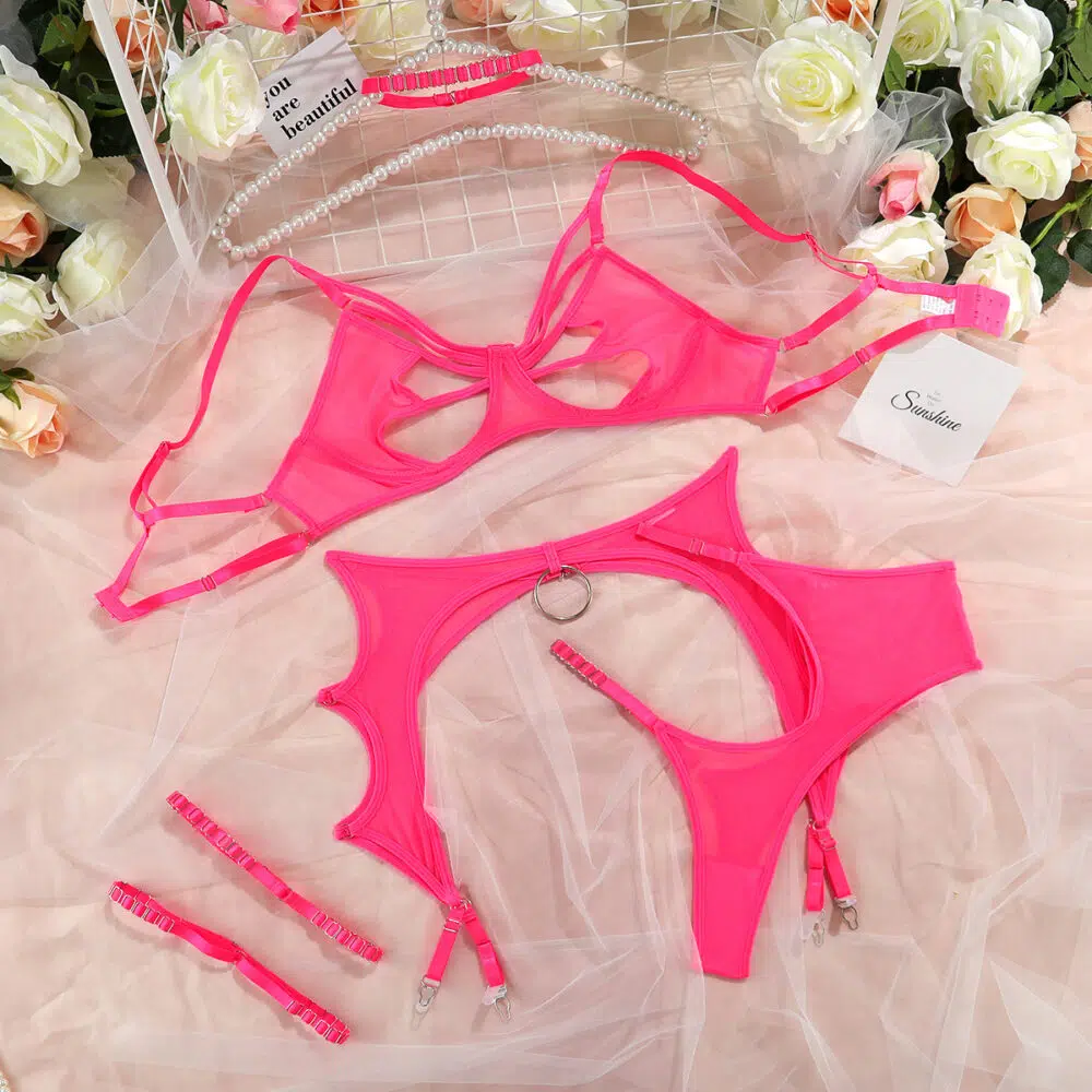 Ensemble soutien-gorge et culotte sexy en filet HotPink avec motif papillon, vente en gros