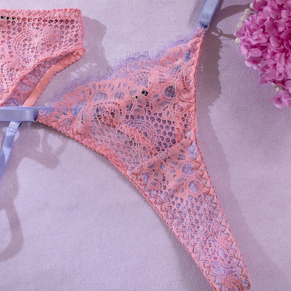 Conjunto de lingerie íntima por atacado com renda oca sexy em detalhes de calcinha rosa