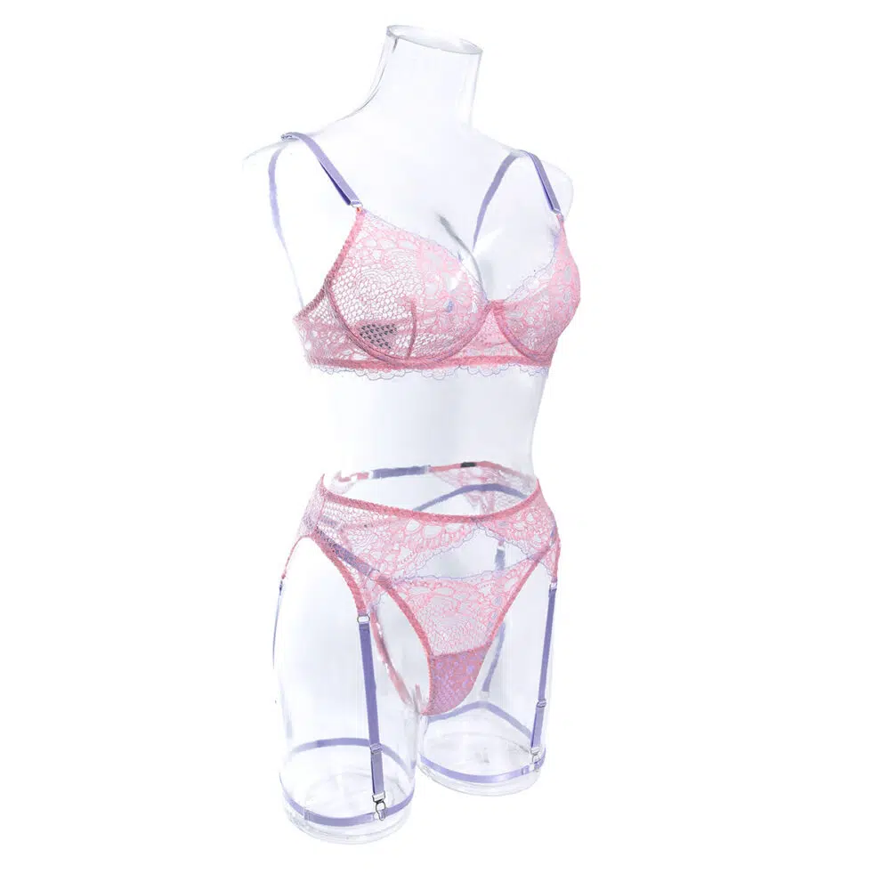 Conjunto de lingerie íntima por atacado com renda oca sexy em vista lateral rosa