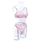 Conjunto de lingerie íntima por atacado com renda oca sexy em vista lateral rosa