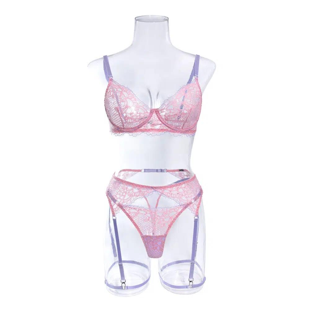 Conjunto de lingerie íntima por atacado com renda oca sexy em vista frontal rosa