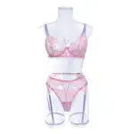 Conjunto de lingerie íntima por atacado com renda oca sexy em vista frontal rosa