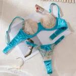 Wholesale Lace Bra and Underwear Set in Skin Color and Light Blue. Over View