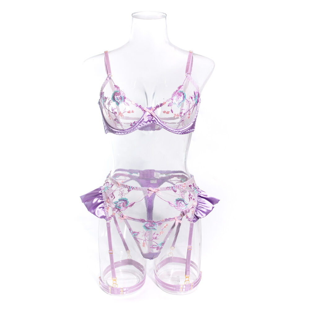 Wholesale Light Purple Floral Lace Garter Lingerie Set Front View Ensemble De Lingerie Jarretière En Dentelle Florale Violet Clair En Gros Vue De Face