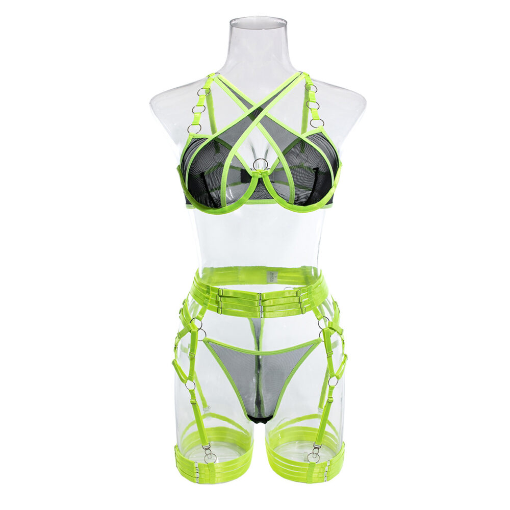 Wholesale Lime Modern Bra and Panties Set with Garter Front View