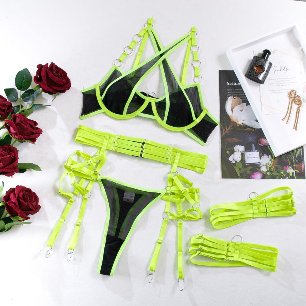 Wholesale Lime Modern Bra and Panties Set with Garter Over View