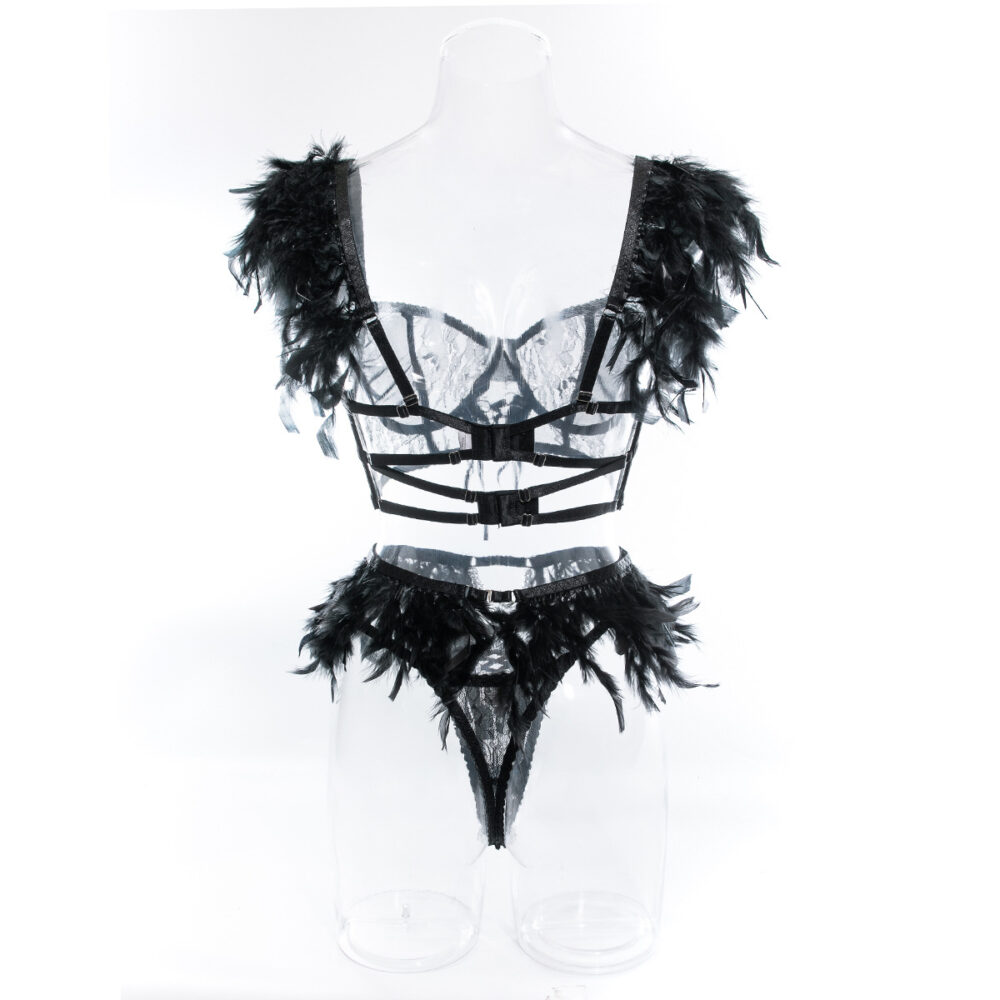 Wholesale Luxury Feather Lingerie Set with Lace Splicing Back View