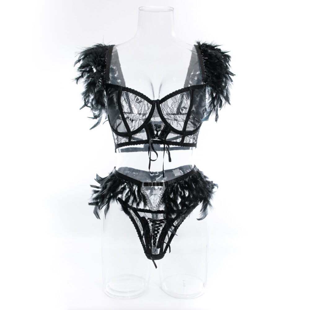 Wholesale Luxury Feather Lingerie Set with Lace Splicing Front View
