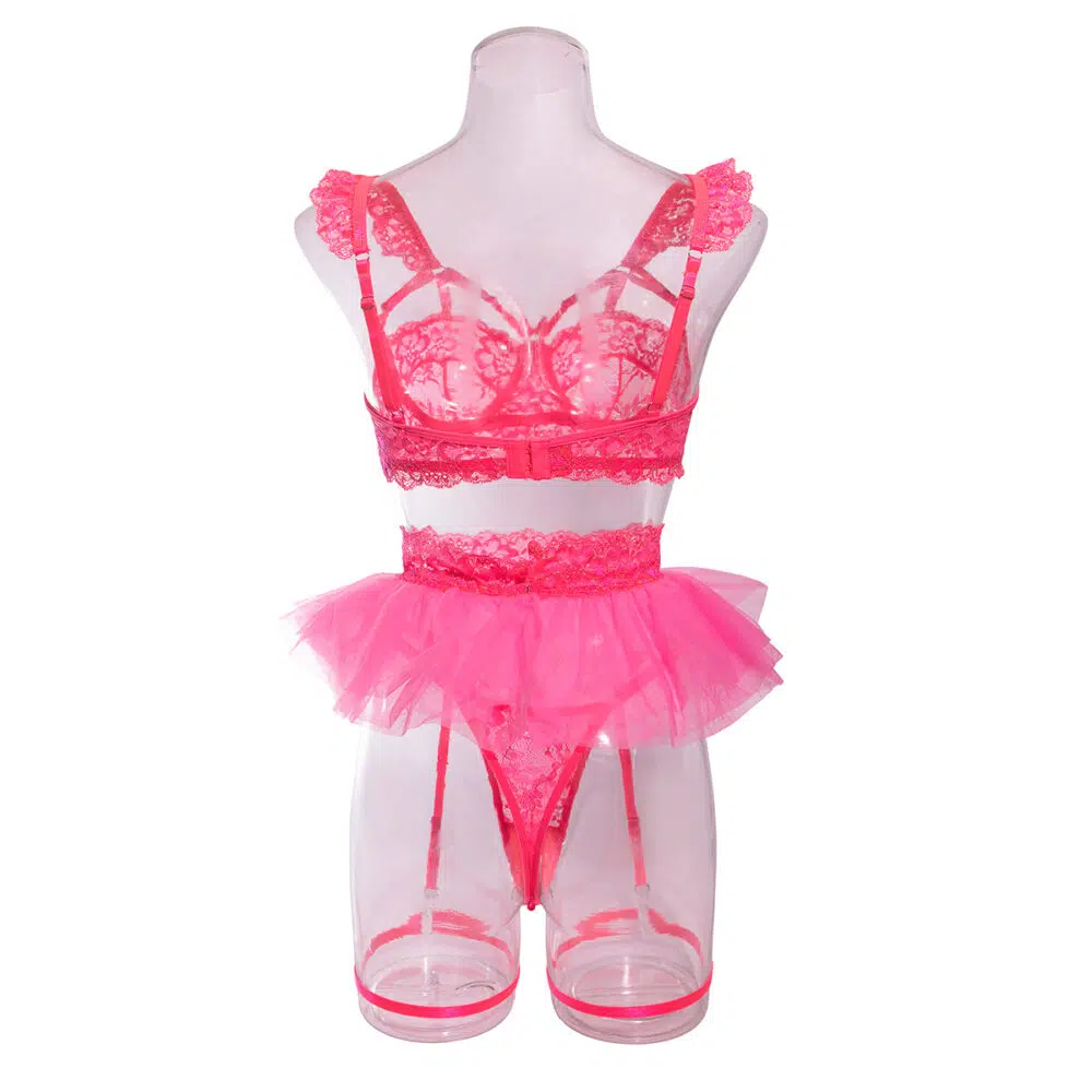 Venta al por mayor Conjunto de lencería con aro de encaje floral rosa Vista posterior