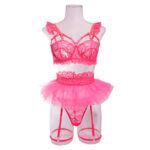 Conjunto de lingerie com armação de renda floral rosa atacado modelo frontal show