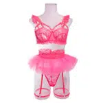 Venta al por mayor Conjunto de lencería con aros de encaje floral rosa Modelo frontal Show