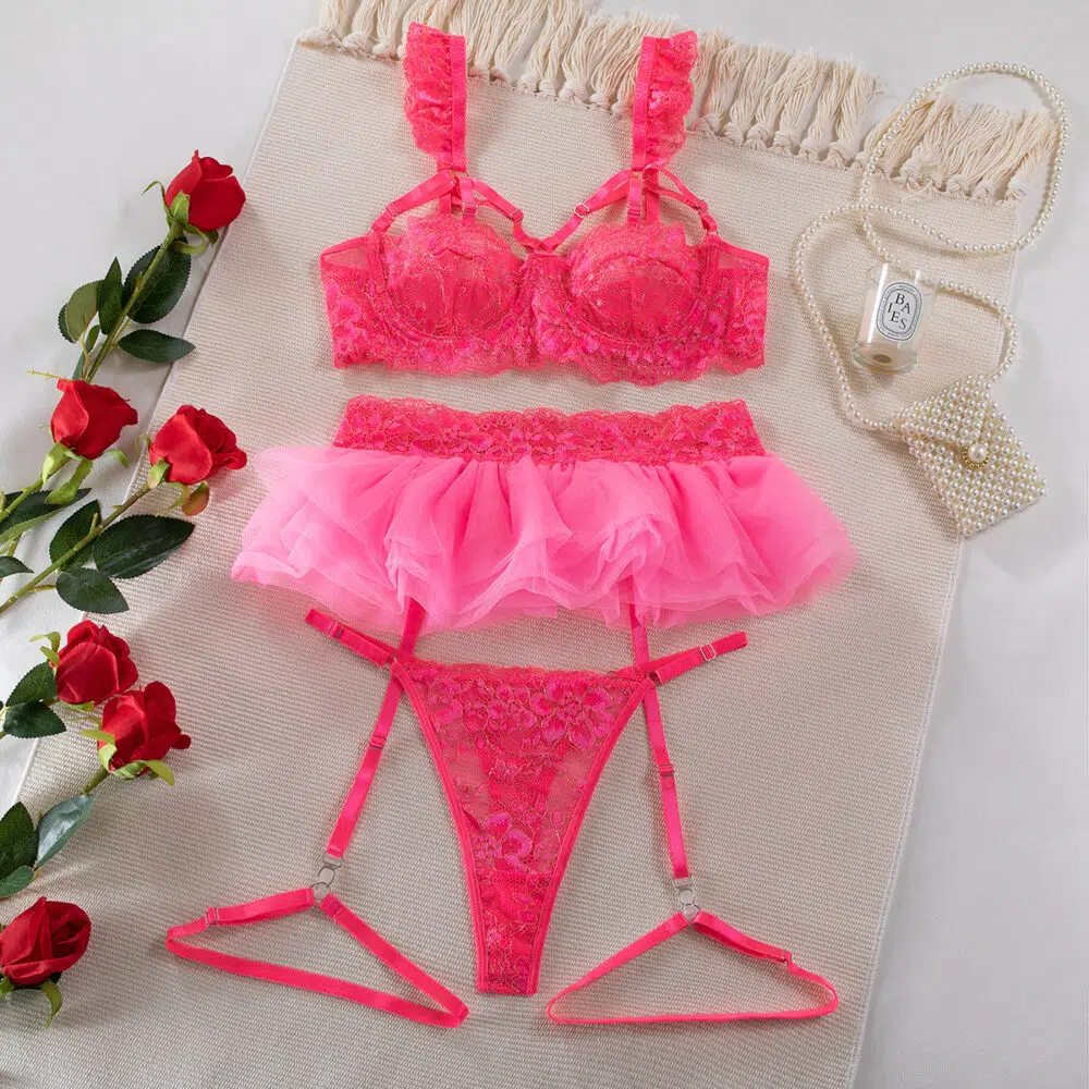 Conjunto de lencería con aros de encaje floral rosa al por mayor Vista general