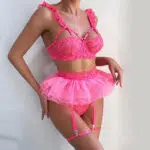 Venta al por mayor Conjunto de lencería con aros de encaje floral rosa Modelo lateral Show