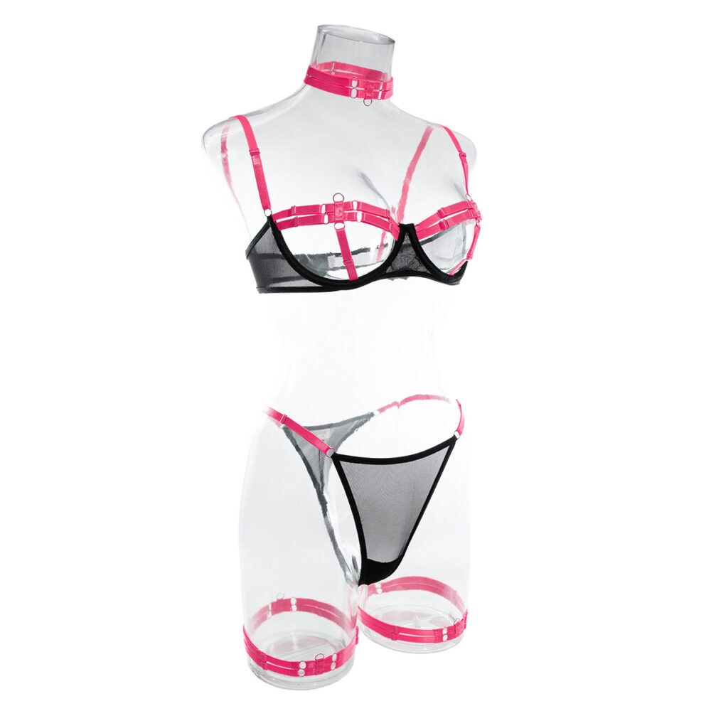 Ensemble de soutien-gorge ouvert sexy rose en gros avec un design de culotte chaude dans des couleurs contrastées vue latérale