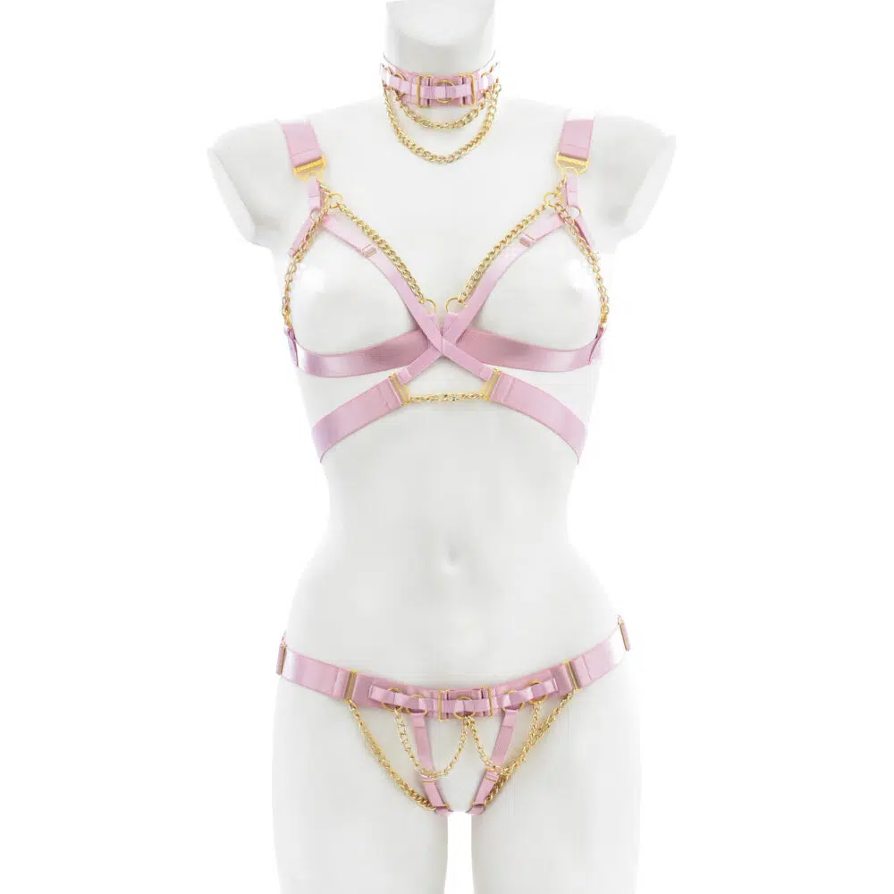 Conjunto de lingerie com tiras rosa por atacado com gargantilha Bralette