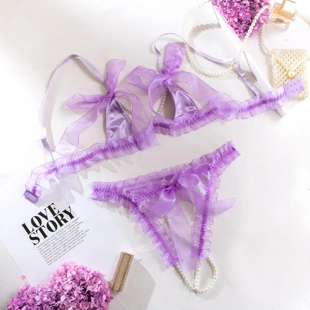 Wholesale Purple Pearl Bra and Underwear Set in Tulle Over View Wholesale Purple Pearl Bra and Underwear Set in Tulle Over View