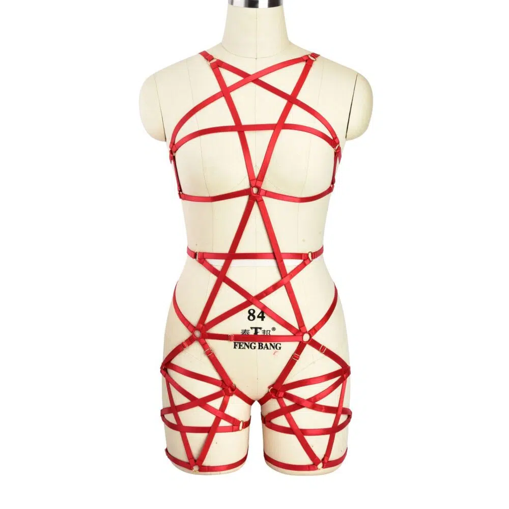 Body harnais pentagramme rouge, vente en gros, avec motif à bretelles, spectacle arrière