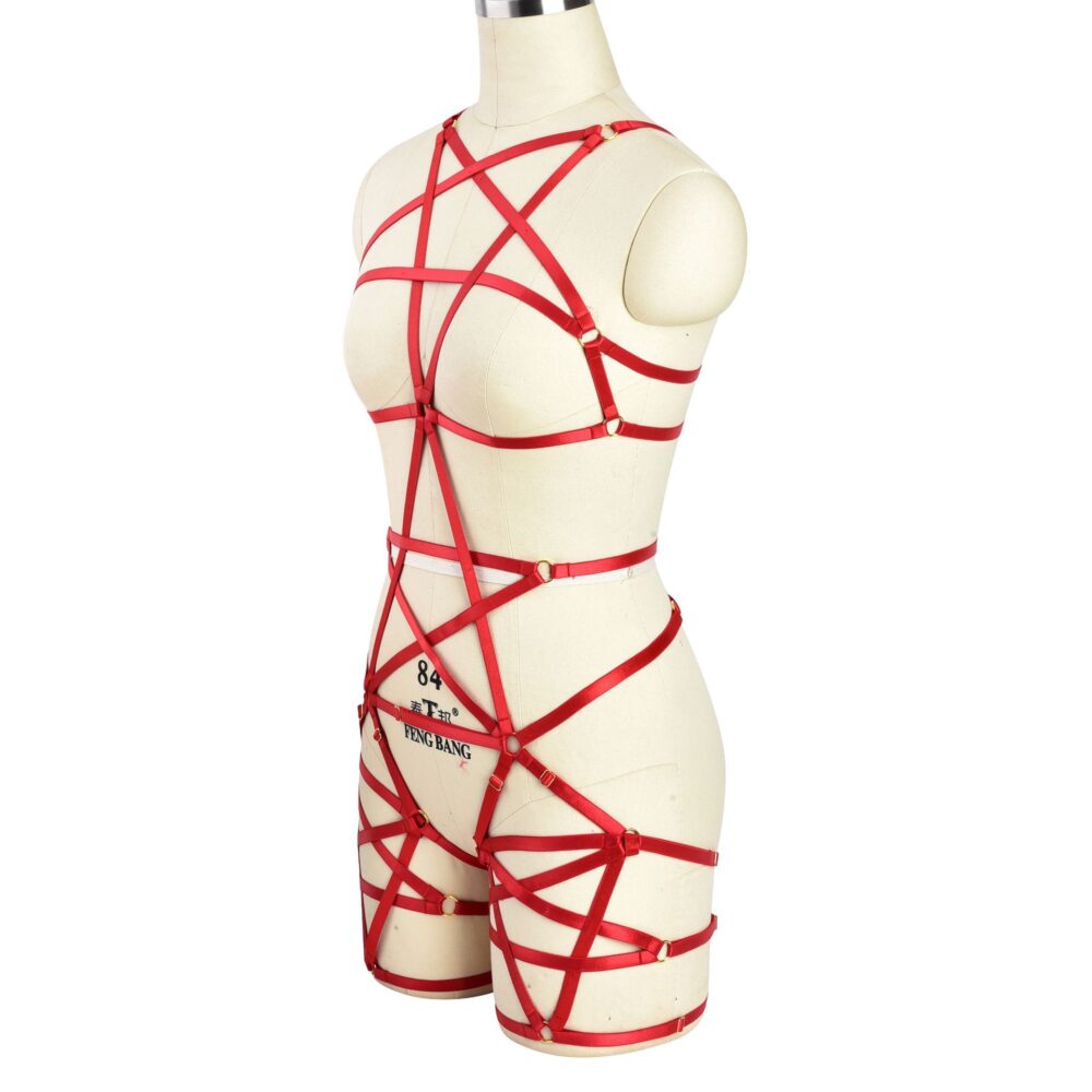 Wholesale Red Pentagram Harness Bodysuit with Strappy Design Side Show