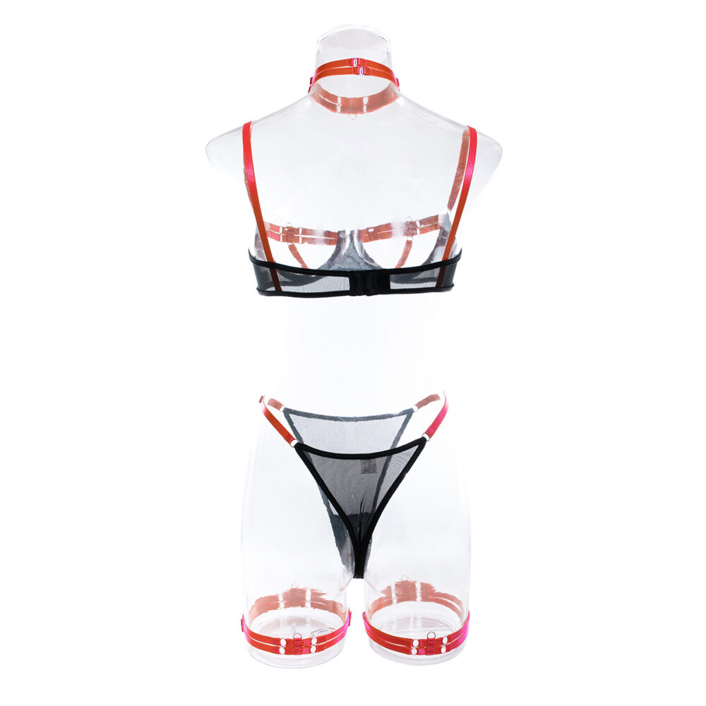 Ensemble de soutien-gorge ouvert sexy rouge en gros avec un design de culotte chaude dans des couleurs contrastées Vue arrière