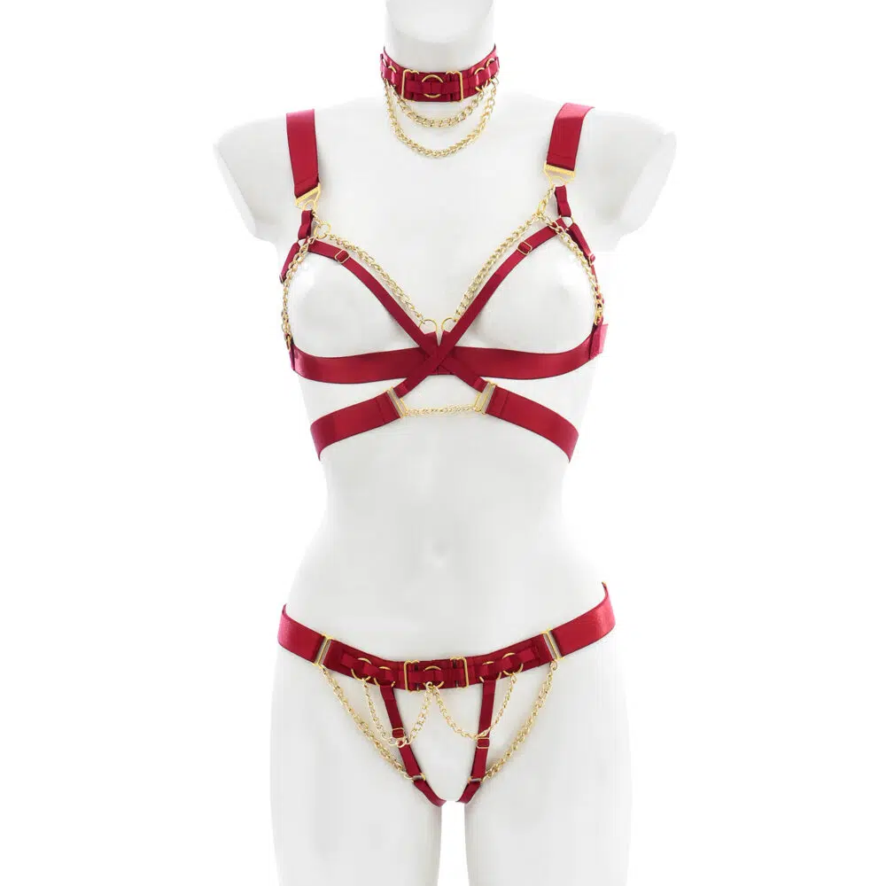 Conjunto de lingerie com tiras vermelhas por atacado com gargantilha Bralette