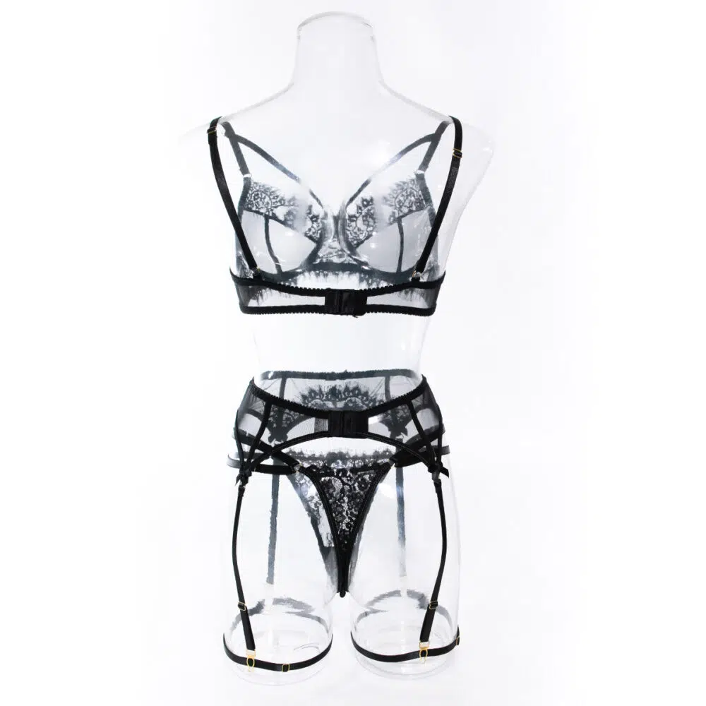Conjunto de calcinha de sutiã preto sexy por atacado com liga de renda floral vista traseira