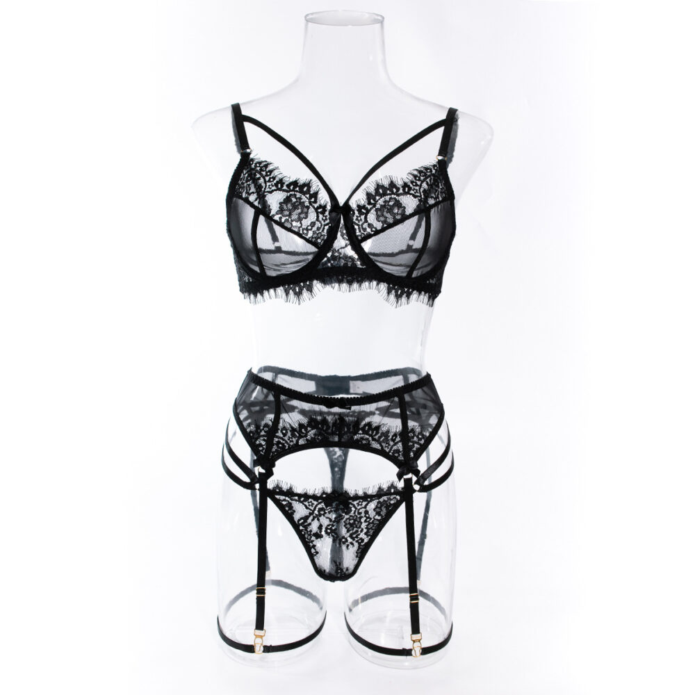 Wholesale Sexy Black Bra Panty Set with Floral Lace Garter Front View