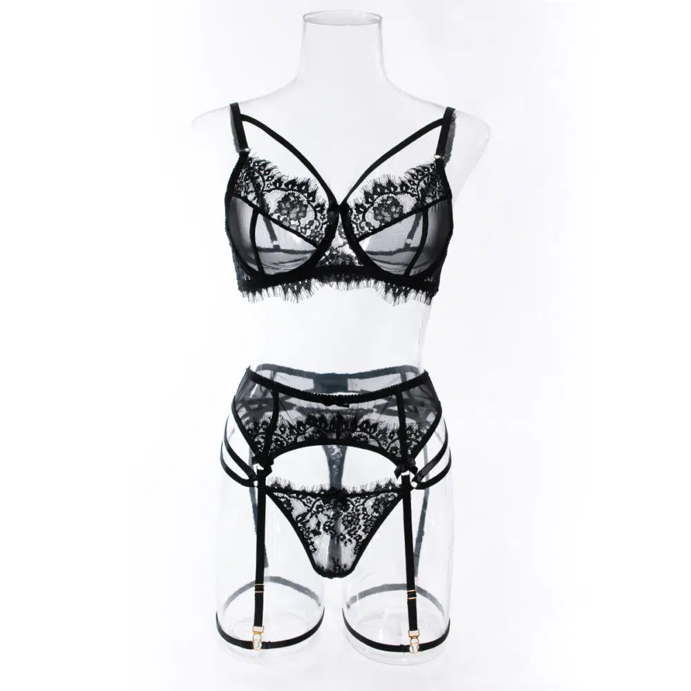 Conjunto de calcinha de sutiã preto sexy por atacado com liga de renda floral vista frontal