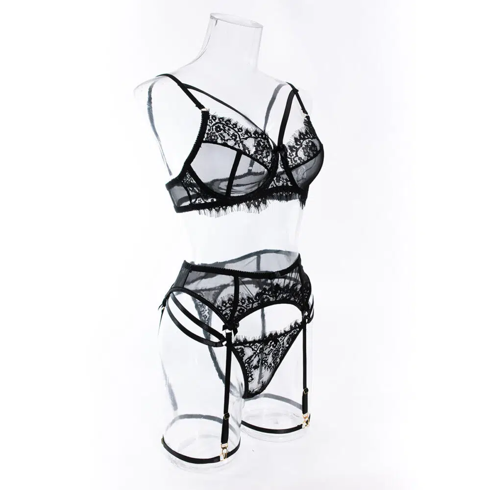 Conjunto de calcinha de sutiã preto sexy por atacado com vista lateral de liga de renda floral